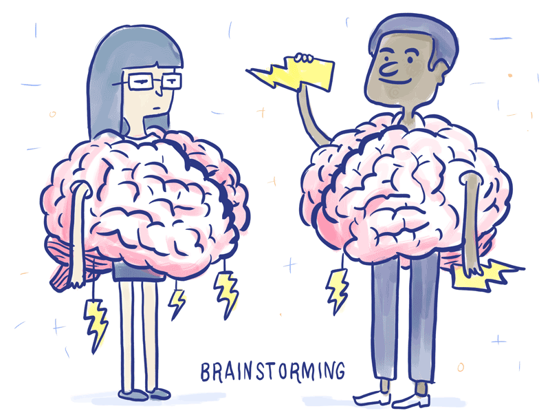 Gif animado que mostra dois personagens animados. Eles estão vestidos como cérebros e segurança raios na mão para representar a ideia de tempestade de ideias. 