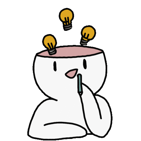 Gif animado que mostra uma ilustração de uma pessoa em rabisco com lâmpadas saindo de sua cabeça, representando que ela está tendo ideias. 