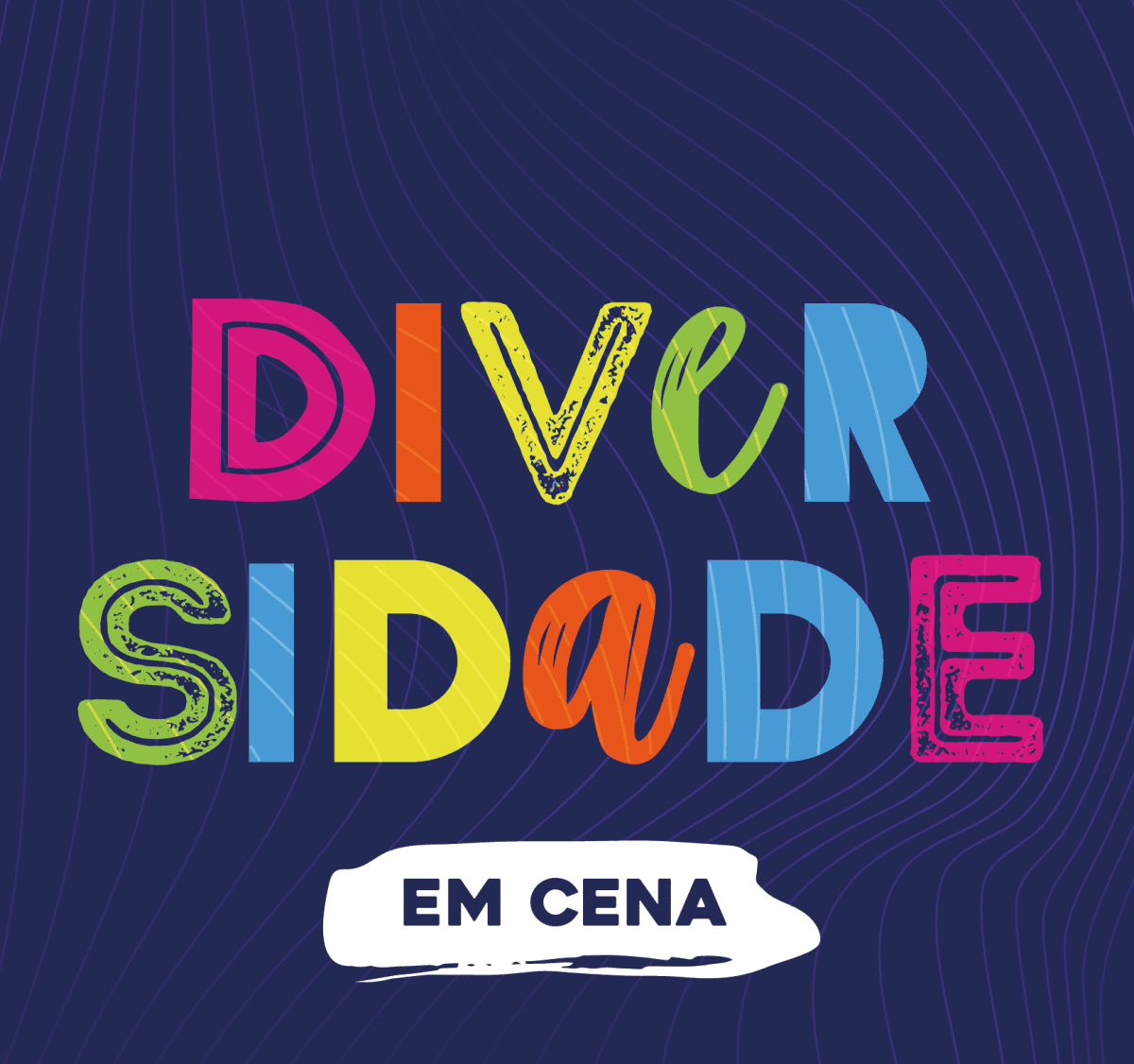 Arte com a marca do projeto Diversidade em Cena, de fundo roxo e fonte estilizada, colorida.